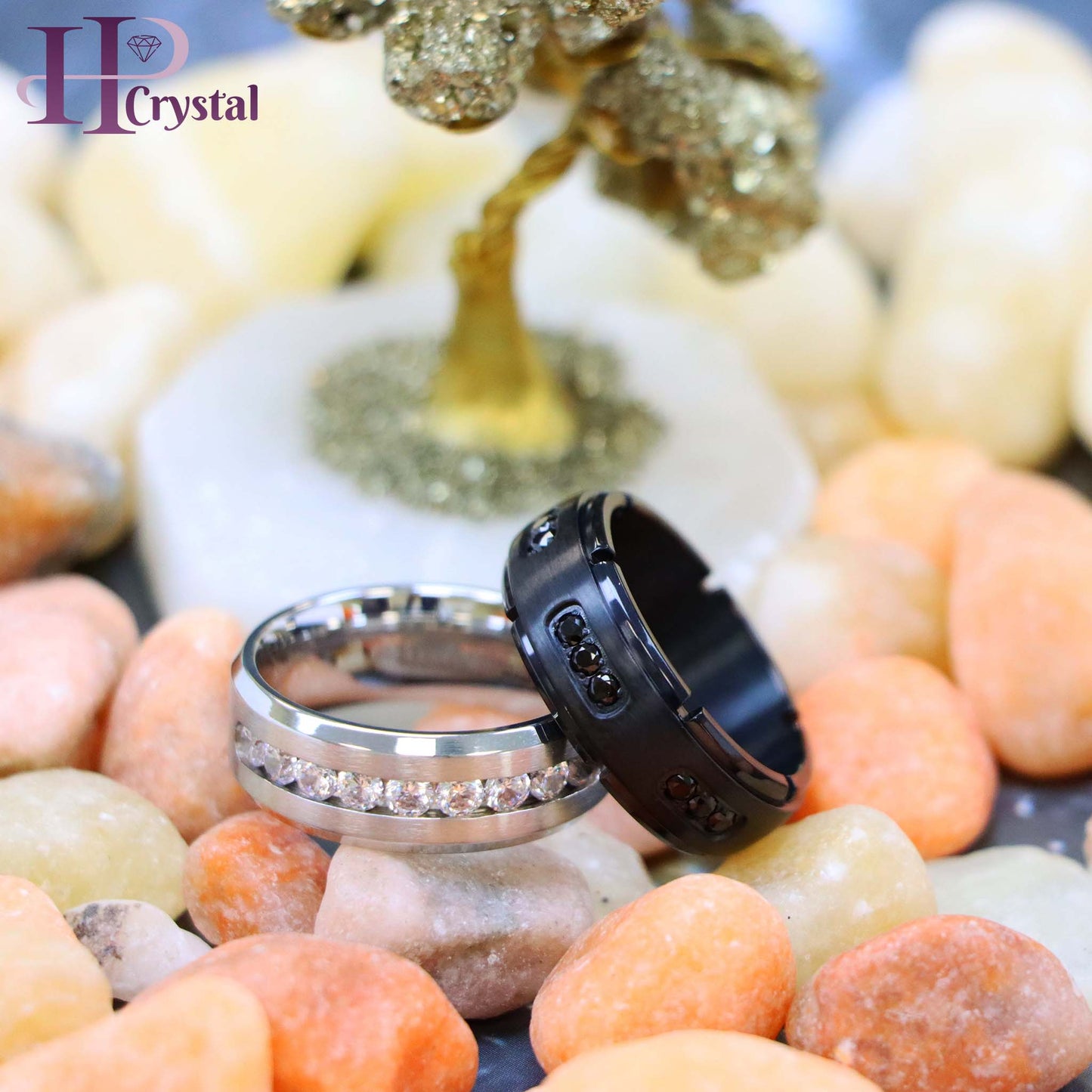 White Titanium Ring Brushed Center Shiny Beveled Edge with 9 Channel Set CZs Titanium Ring Black IP Plated Titanium Ring with 18 Black CZs