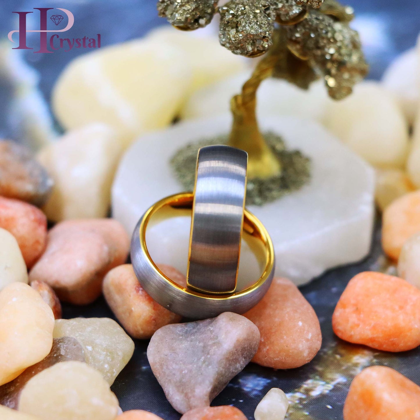 Domed Tungsten Ring with Yellow Gold IP Plated Interior and Gun Metal Brushed Center