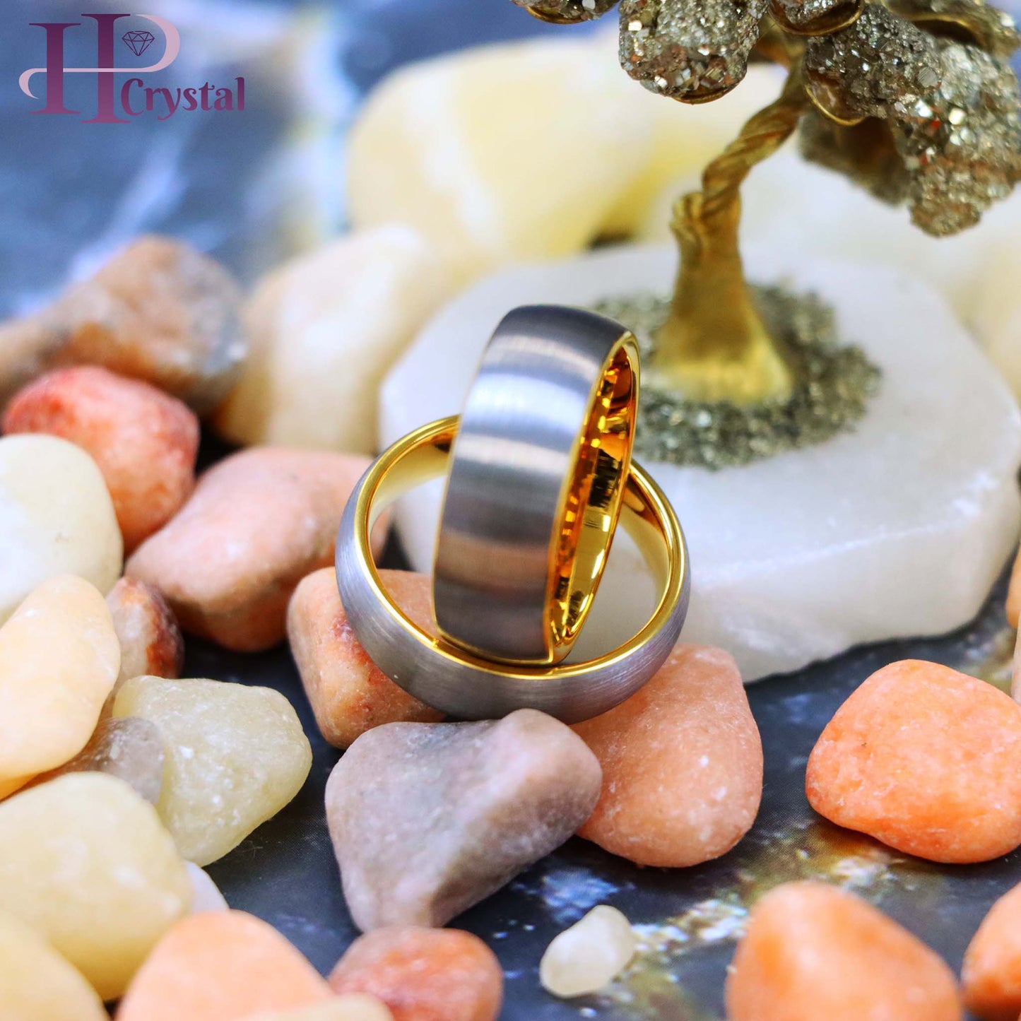 Domed Tungsten Ring with Yellow Gold IP Plated Interior and Gun Metal Brushed Center
