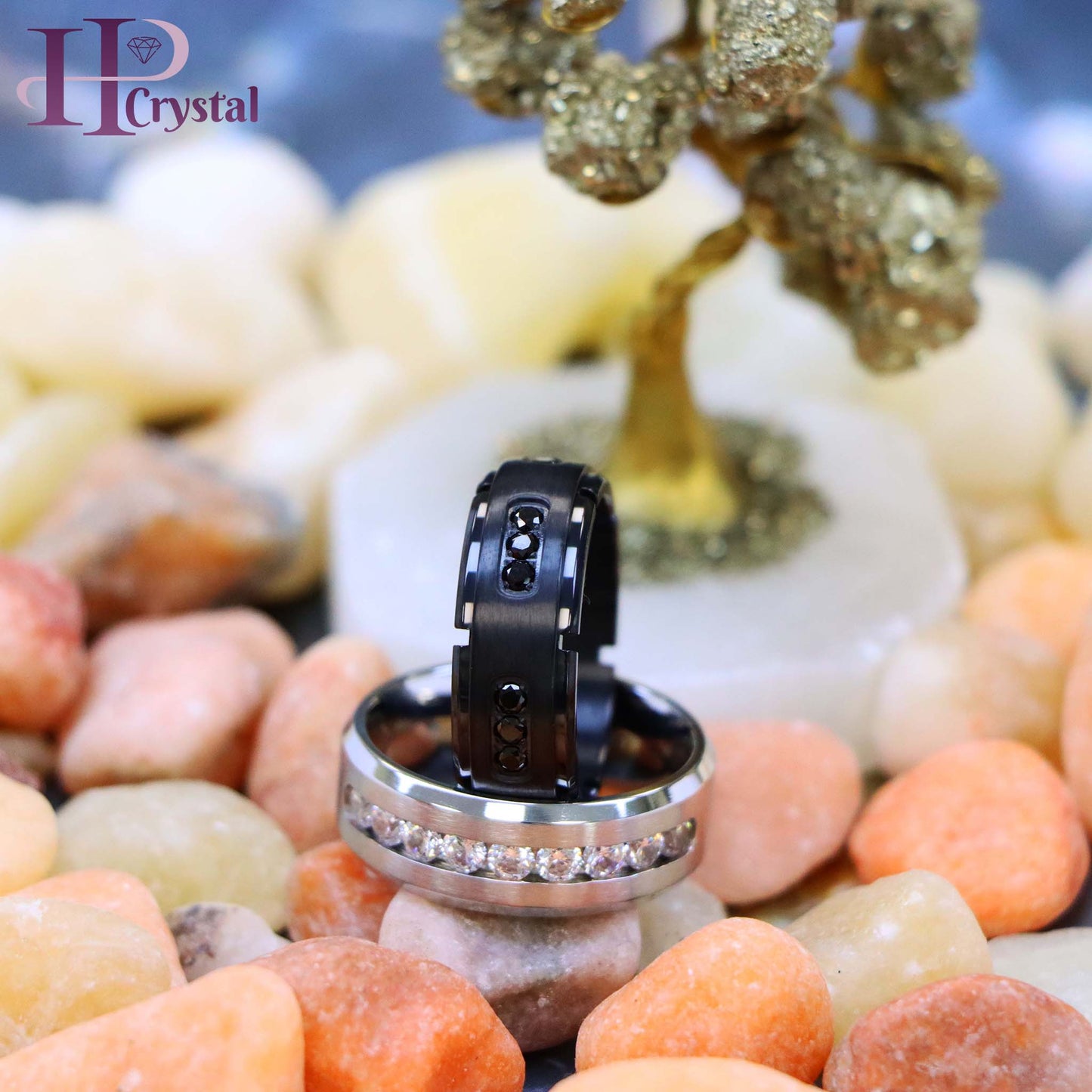 White Titanium Ring Brushed Center Shiny Beveled Edge with 9 Channel Set CZs Titanium Ring Black IP Plated Titanium Ring with 18 Black CZs