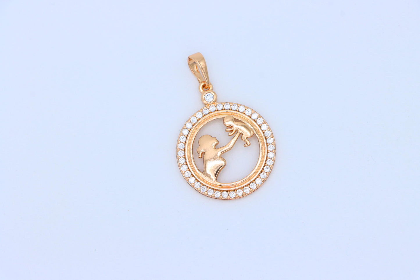 Rose Gold Circle Pendant with Mother & Child Design and CZ Accents, XPPT1401 (2134-10)