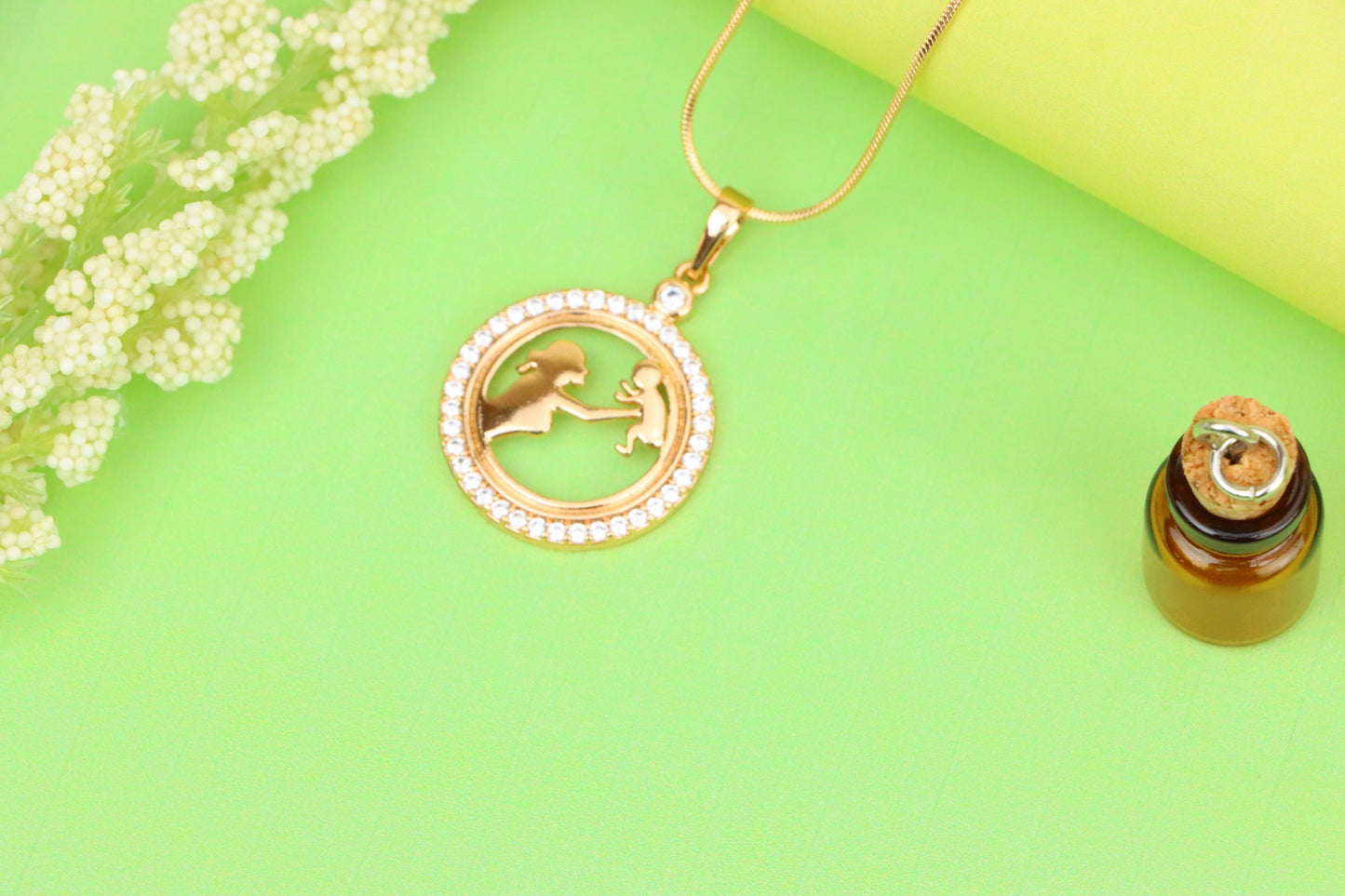 Rose Gold Circle Pendant with Mother & Child Design and CZ Accents, XPPT1401 (2134-10)