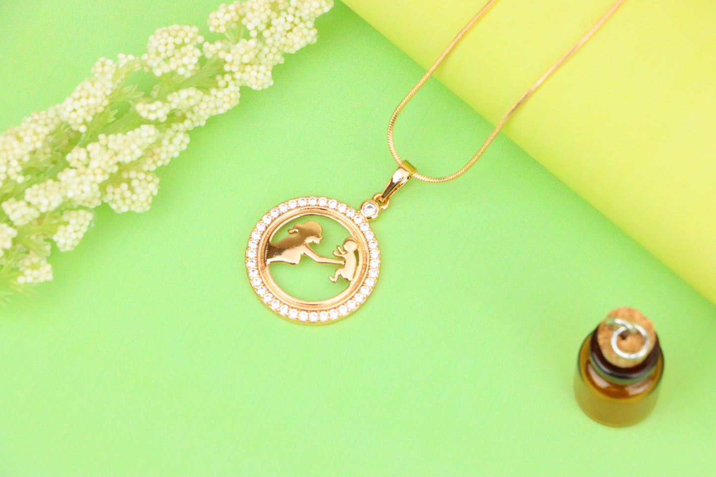 Rose Gold Circle Pendant with Mother & Child Design and CZ Accents, XPPT1401 (2134-10)