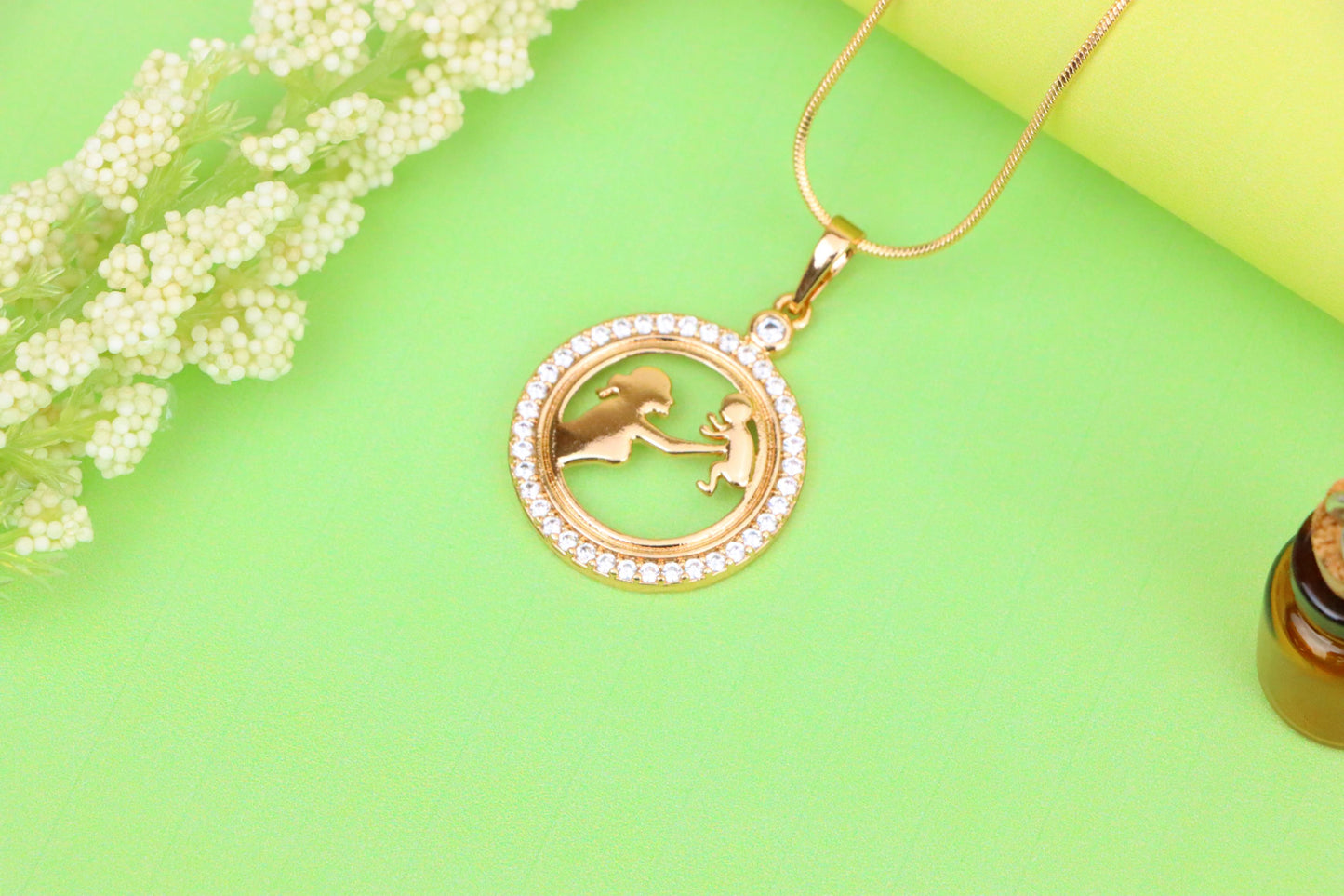 Rose Gold Circle Pendant with Mother & Child Design and CZ Accents, XPPT1401 (2134-10)