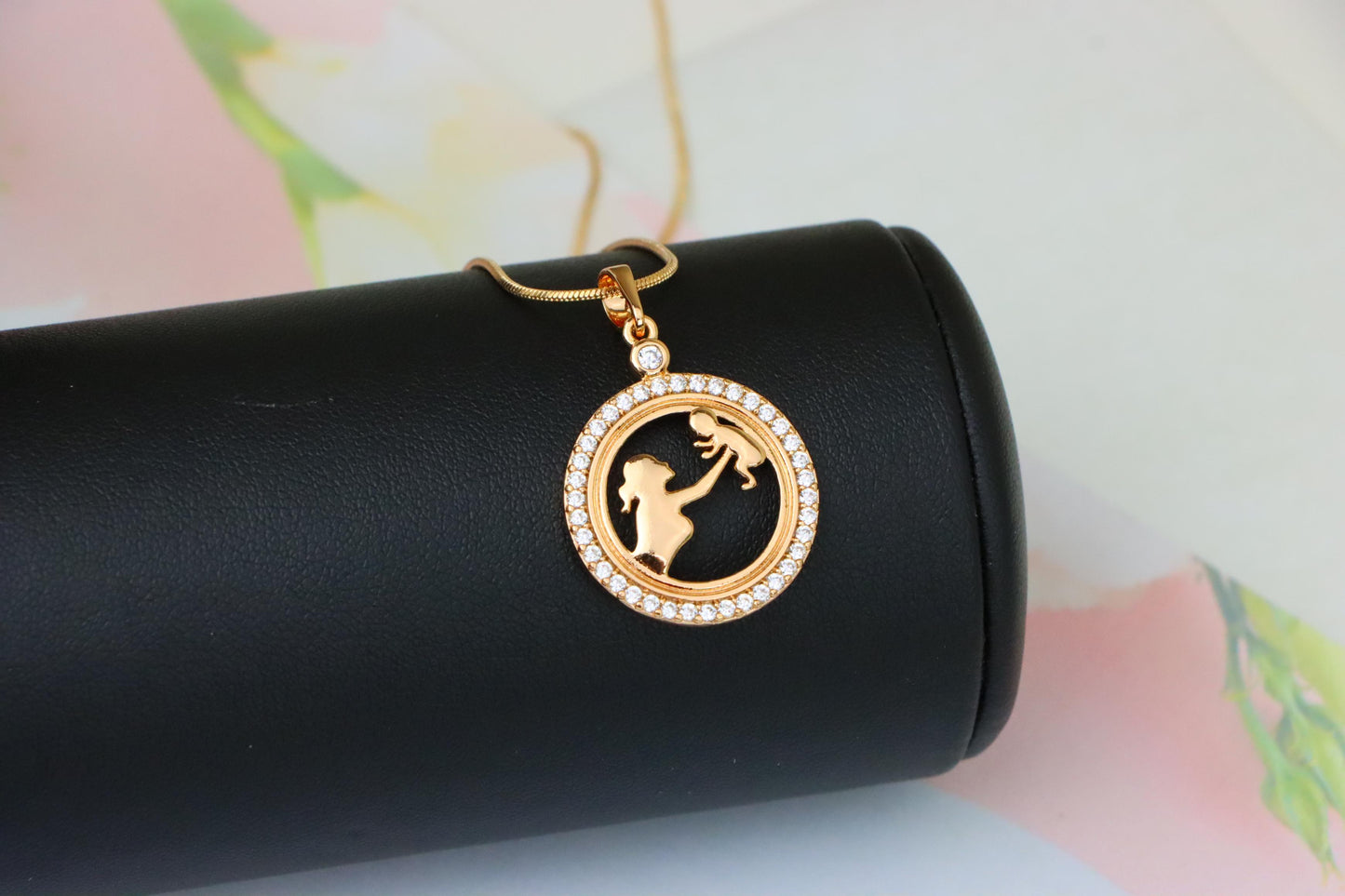 Rose Gold Circle Pendant with Mother & Child Design and CZ Accents, XPPT1401 (2134-10)
