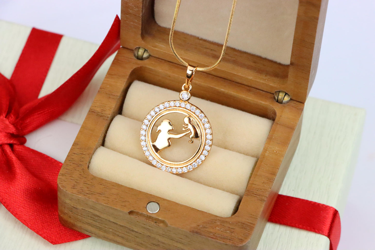 Rose Gold Circle Pendant with Mother & Child Design and CZ Accents, XPPT1401 (2134-10)