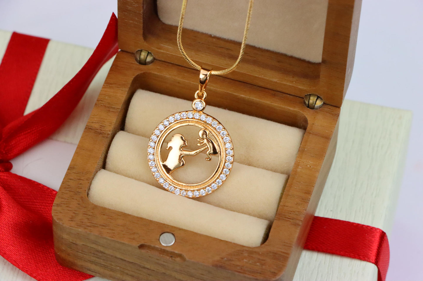 Rose Gold Circle Pendant with Mother & Child Design and CZ Accents, XPPT1401 (2134-10)