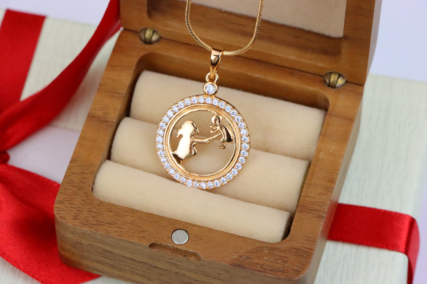 Rose Gold Circle Pendant with Mother & Child Design and CZ Accents, XPPT1401 (2134-10)