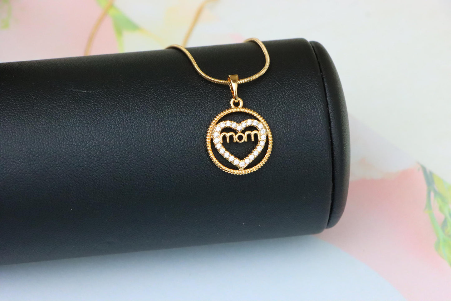 Rose Gold Mom Heart Pendant with CZ Accents in Circular Frame, XPPT1402 (2135-1)