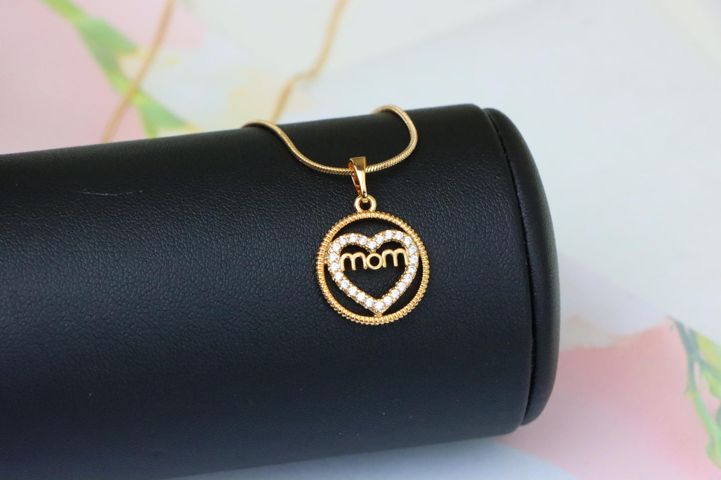 Rose Gold Mom Heart Pendant with CZ Accents in Circular Frame, XPPT1402 (2135-1)