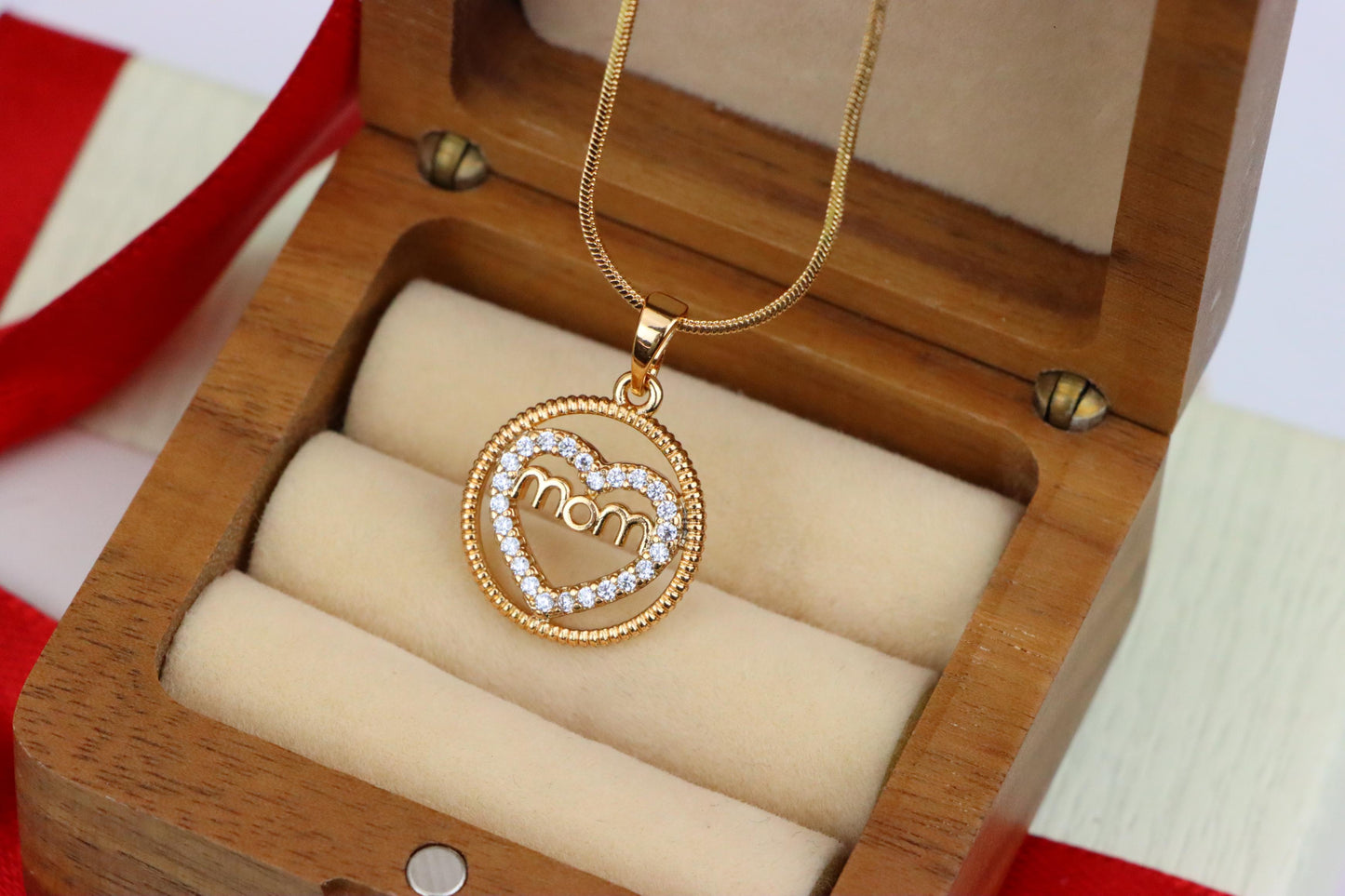 Rose Gold Mom Heart Pendant with CZ Accents in Circular Frame, XPPT1402 (2135-1)