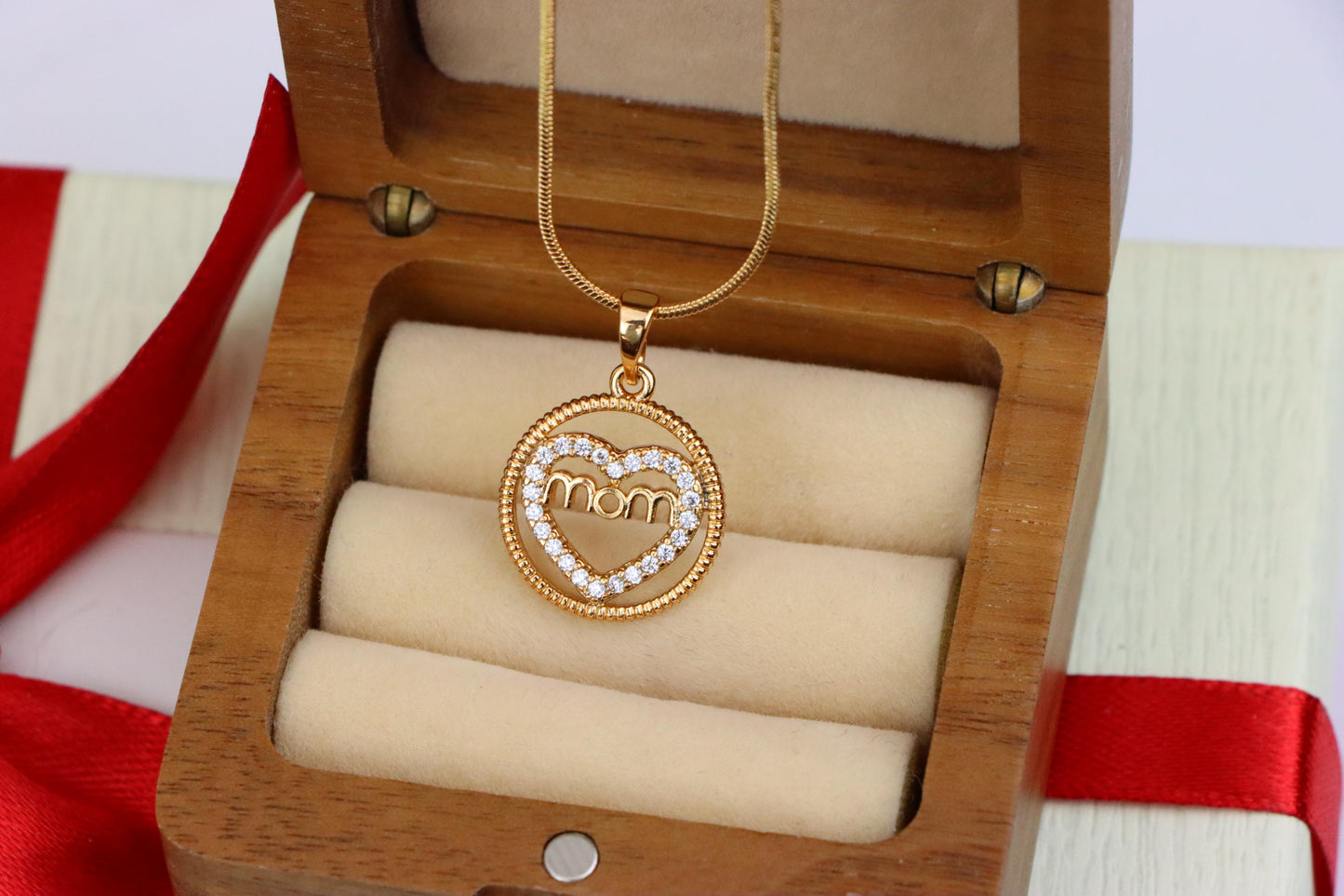 Rose Gold Mom Heart Pendant with CZ Accents in Circular Frame, XPPT1402 (2135-1)