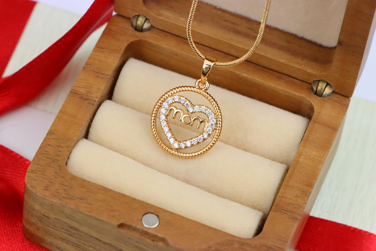 Rose Gold Mom Heart Pendant with CZ Accents in Circular Frame, XPPT1402 (2135-1)