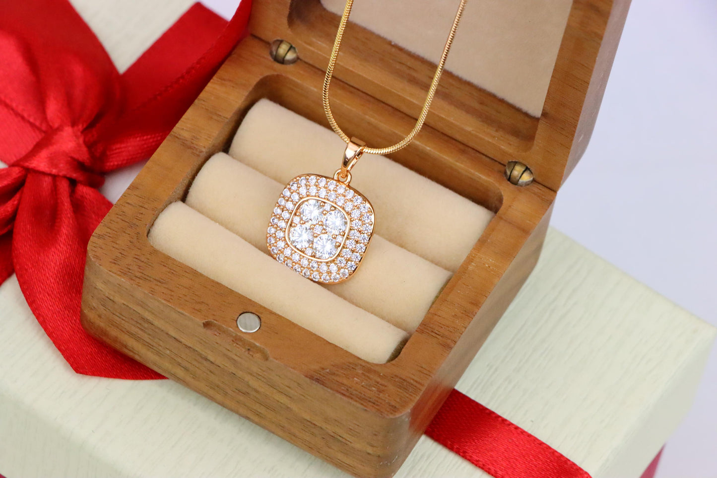 Square Rose Gold Pendant with Sparkling White Crystal Accents, XPPT1871 (2158-4)
