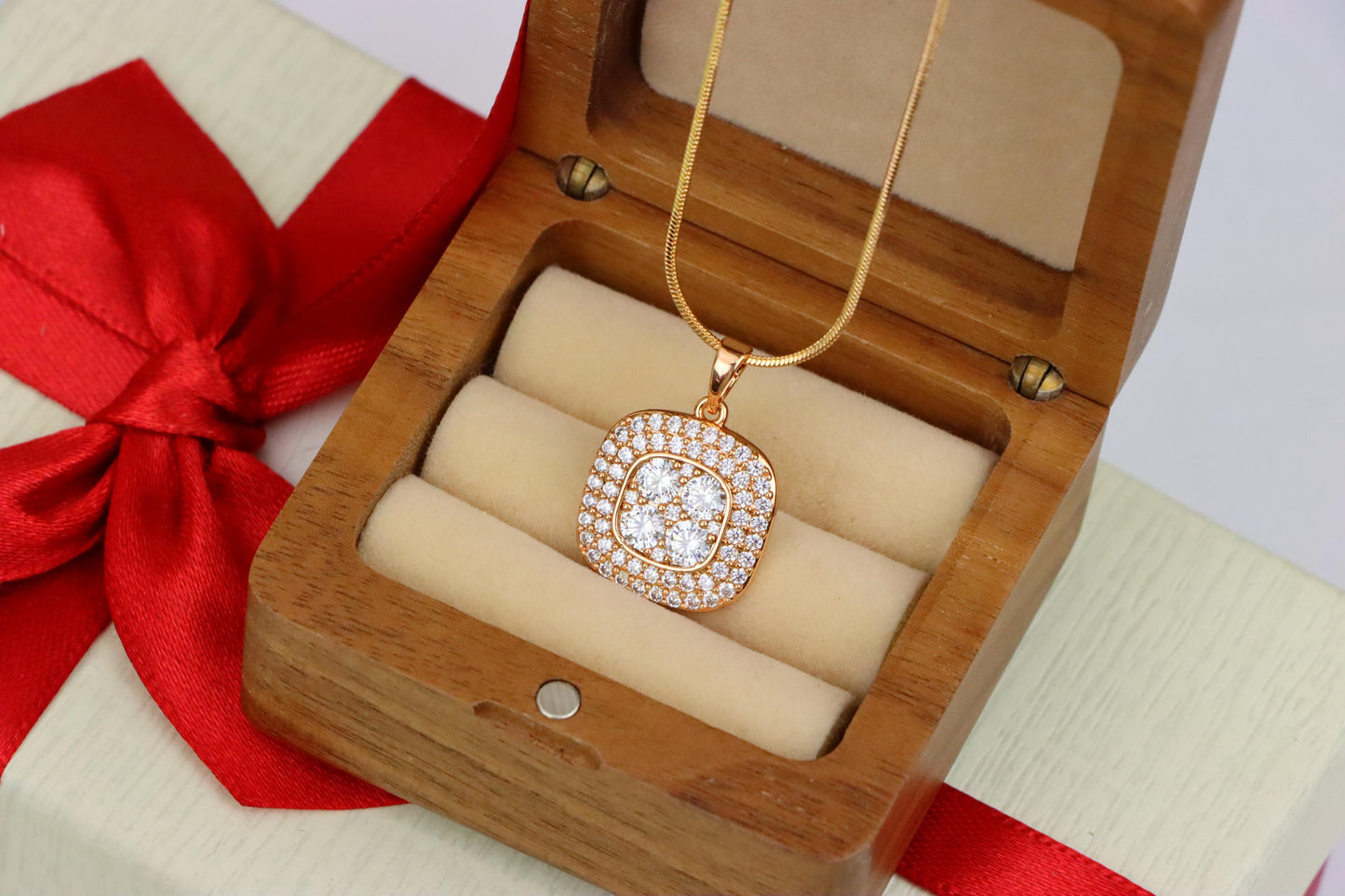 Square Rose Gold Pendant with Sparkling White Crystal Accents, XPPT1871 (2158-4)