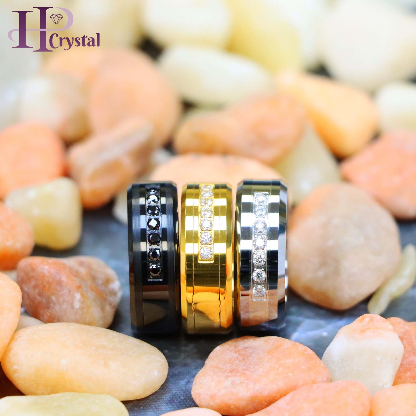 High Polished Beveled Edge Tungsten Ring with 7 Round CZs (MARET772)