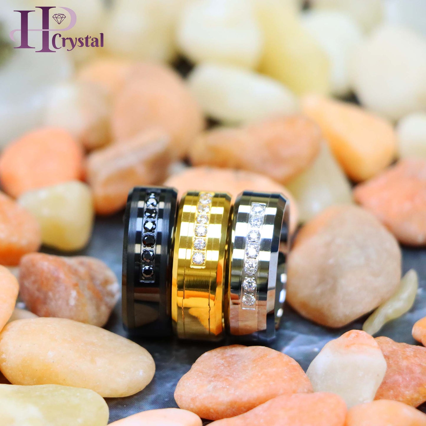 High Polished Beveled Edge Tungsten Ring with 7 Round CZs (MARET772)