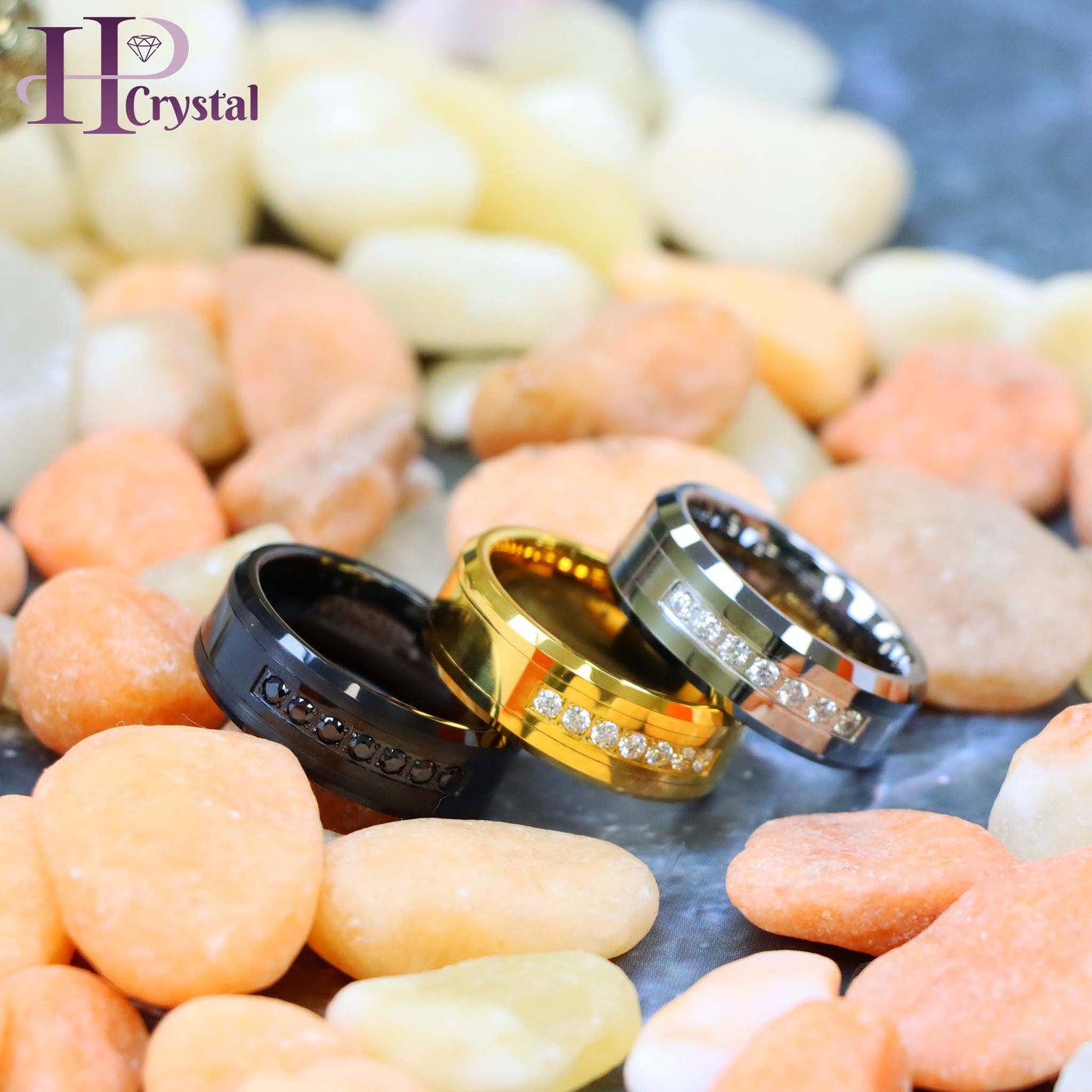High Polished Beveled Edge Tungsten Ring with 7 Round CZs (MARET772)