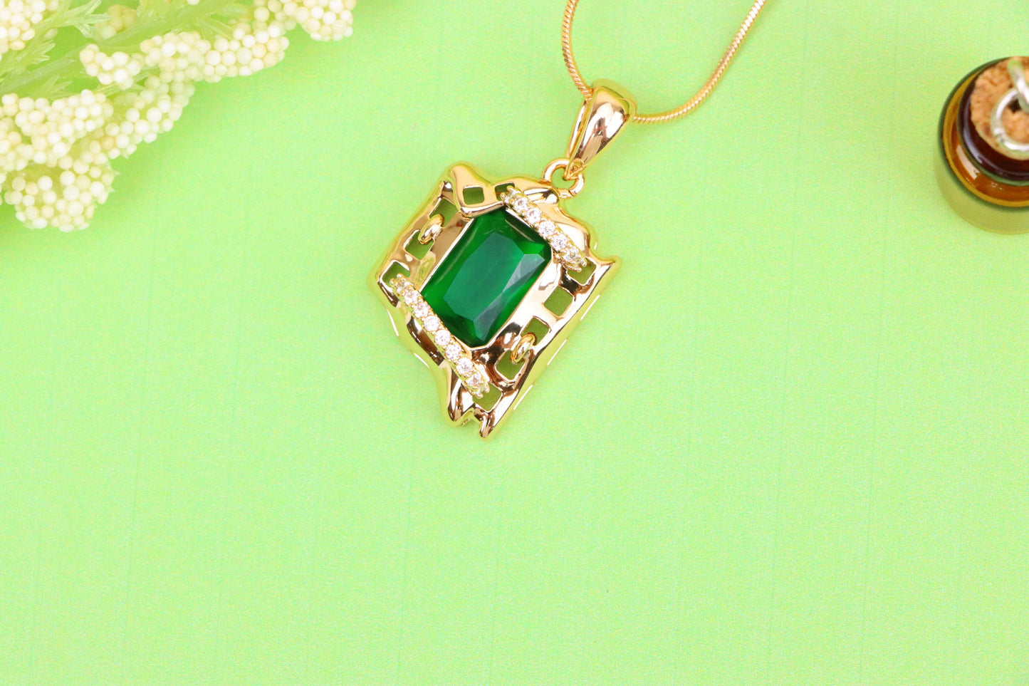 Rose Gold Pendant with Green Stone and Modern Abstract Frame Design, XPPT1872 (2158-5)