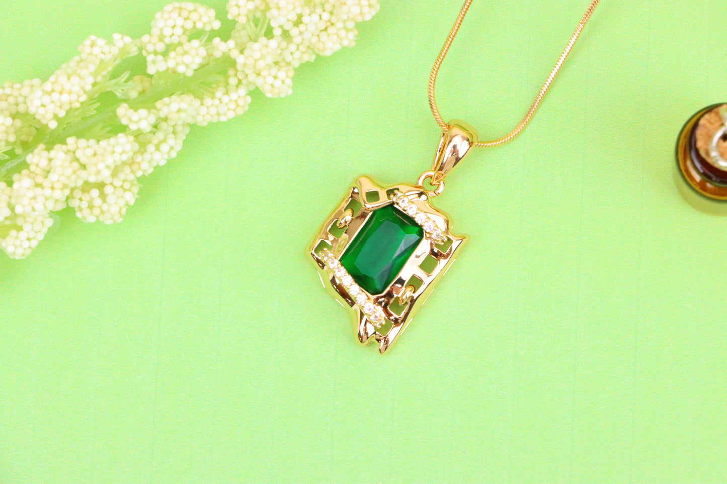 Rose Gold Pendant with Green Stone and Modern Abstract Frame Design, XPPT1872 (2158-5)