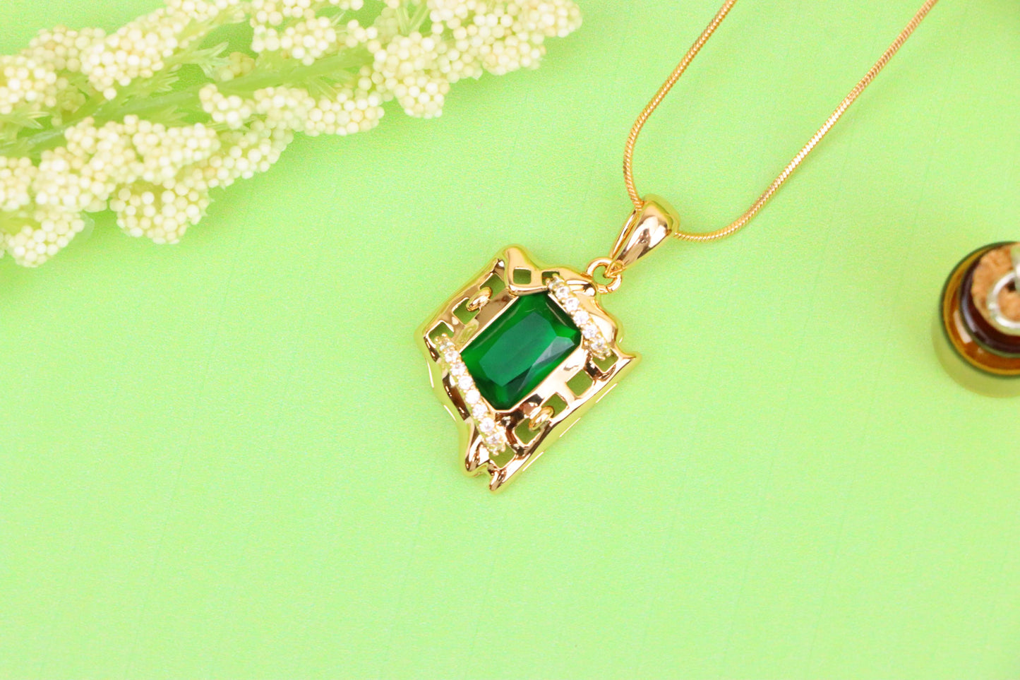 Rose Gold Pendant with Green Stone and Modern Abstract Frame Design, XPPT1872 (2158-5)