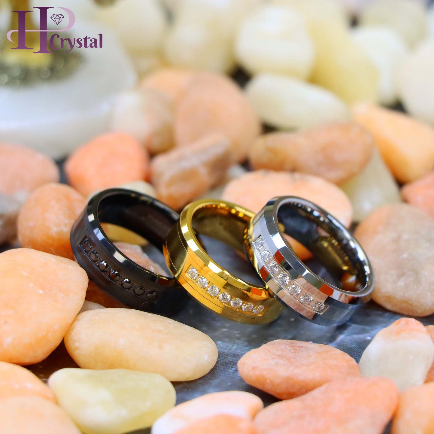 High Polished Beveled Edge Tungsten Ring with 7 Round CZs (MARET772)