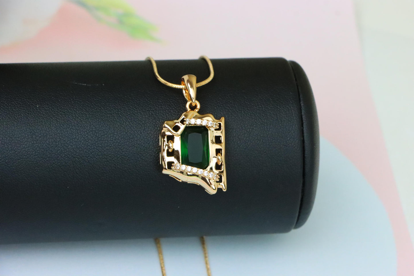 Rose Gold Pendant with Green Stone and Modern Abstract Frame Design, XPPT1872 (2158-5)