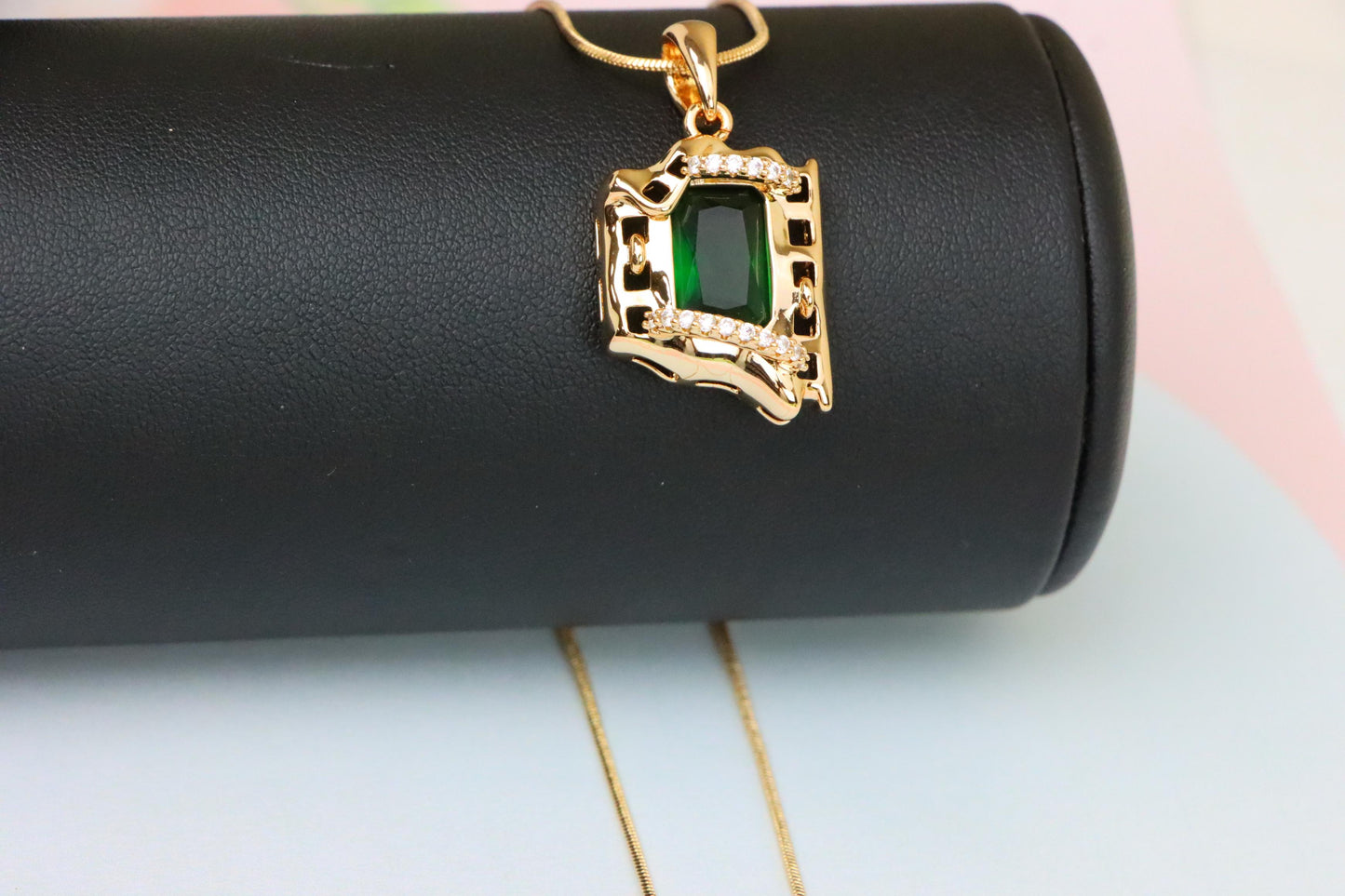 Rose Gold Pendant with Green Stone and Modern Abstract Frame Design, XPPT1872 (2158-5)