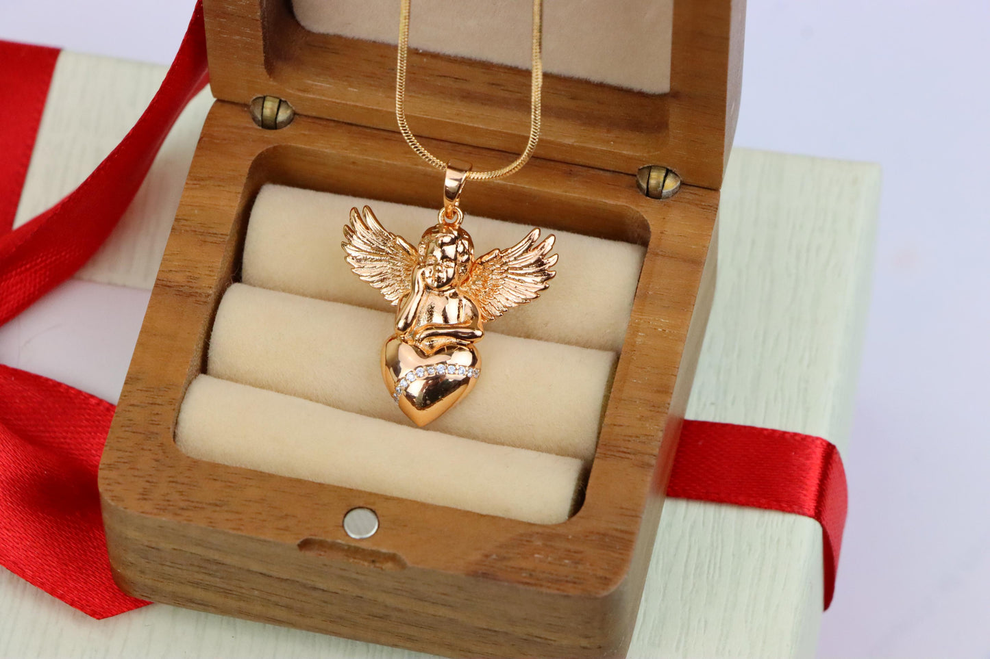 Rose Gold Angel Pendant with Heart and Wings – Elegant Spiritual Charm, XPPT1404 (2035)
