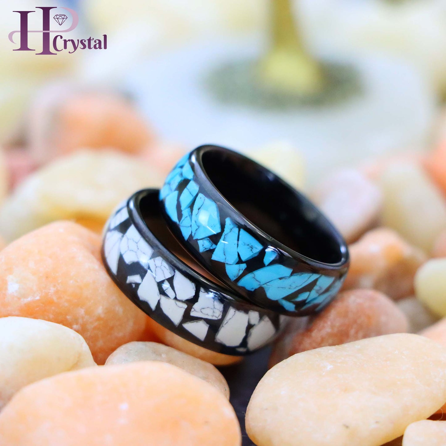 Men’s Tungsten Ring – Black IP Plating with White/Blue Turquoise Inlay