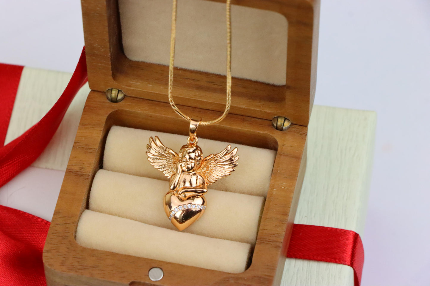 Rose Gold Angel Pendant with Heart and Wings – Elegant Spiritual Charm, XPPT1404 (2035)