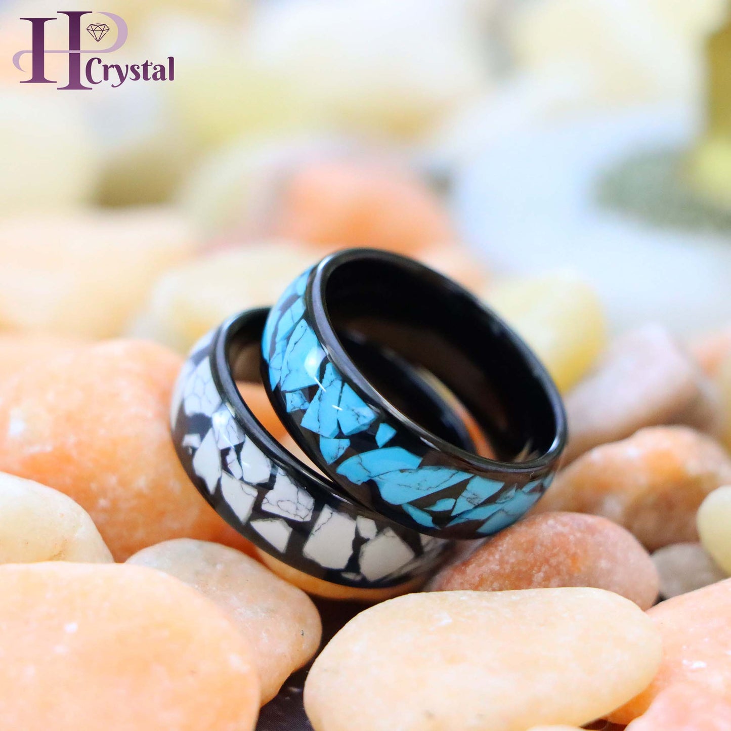 Men’s Tungsten Ring – Black IP Plating with White/Blue Turquoise Inlay