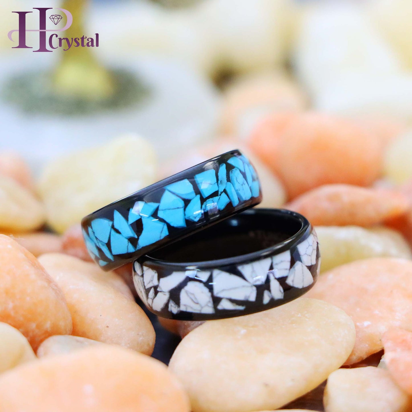 Men’s Tungsten Ring – Black IP Plating with White/Blue Turquoise Inlay