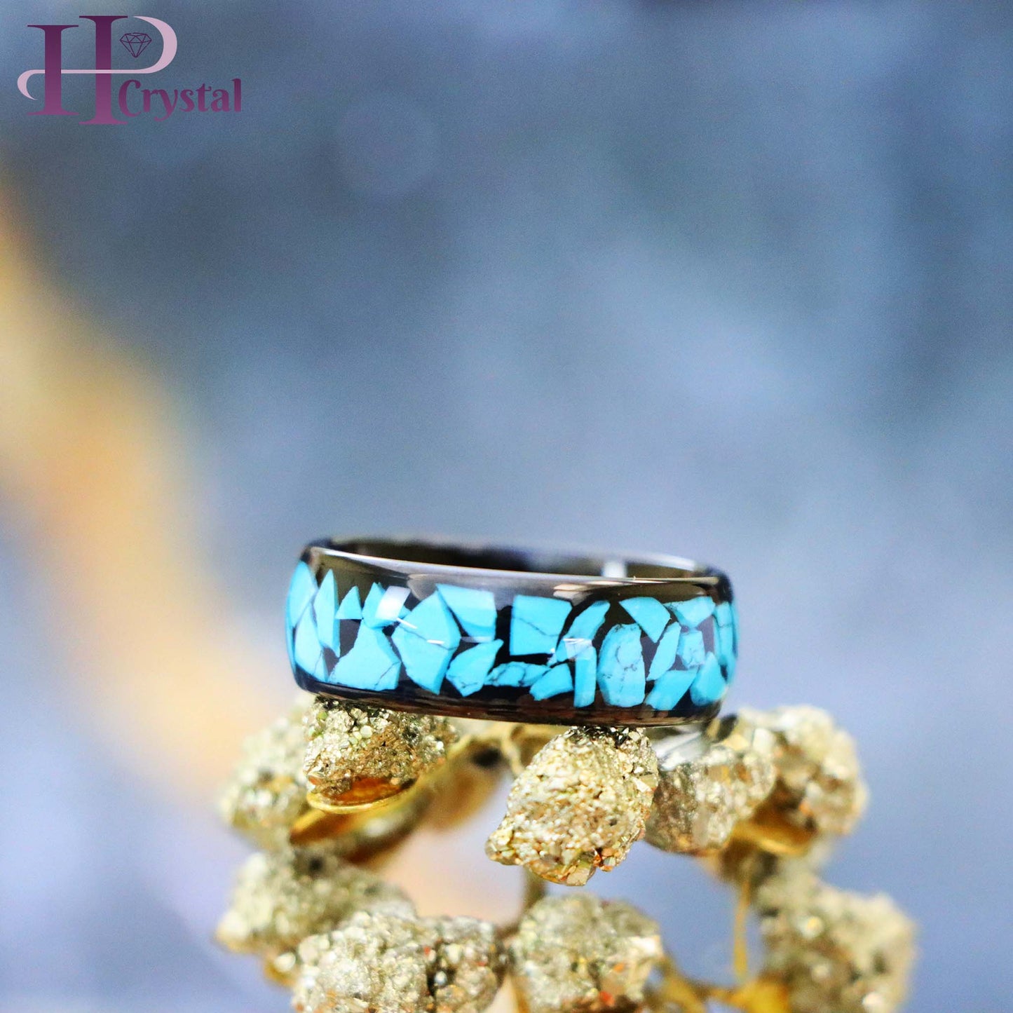Men’s Tungsten Ring – Black IP Plating with White/Blue Turquoise Inlay