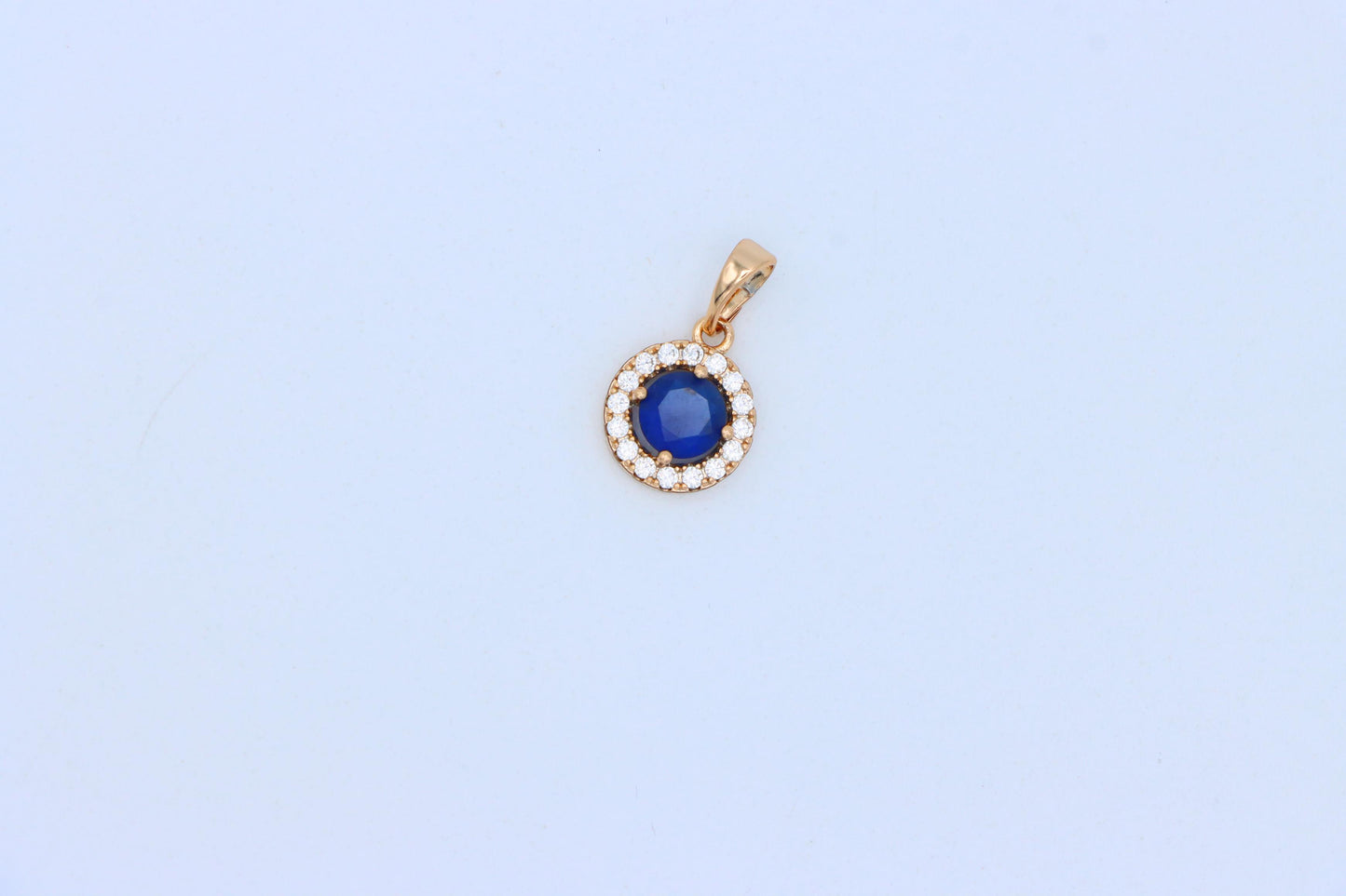 Rose Gold Round Pendant with Blue Center Stone and White Halo, XPPT1873 (2158-6)