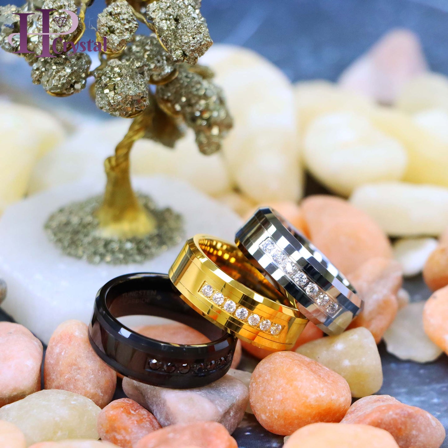 High Polished Beveled Edge Tungsten Ring with 7 Round CZs (MARET772)