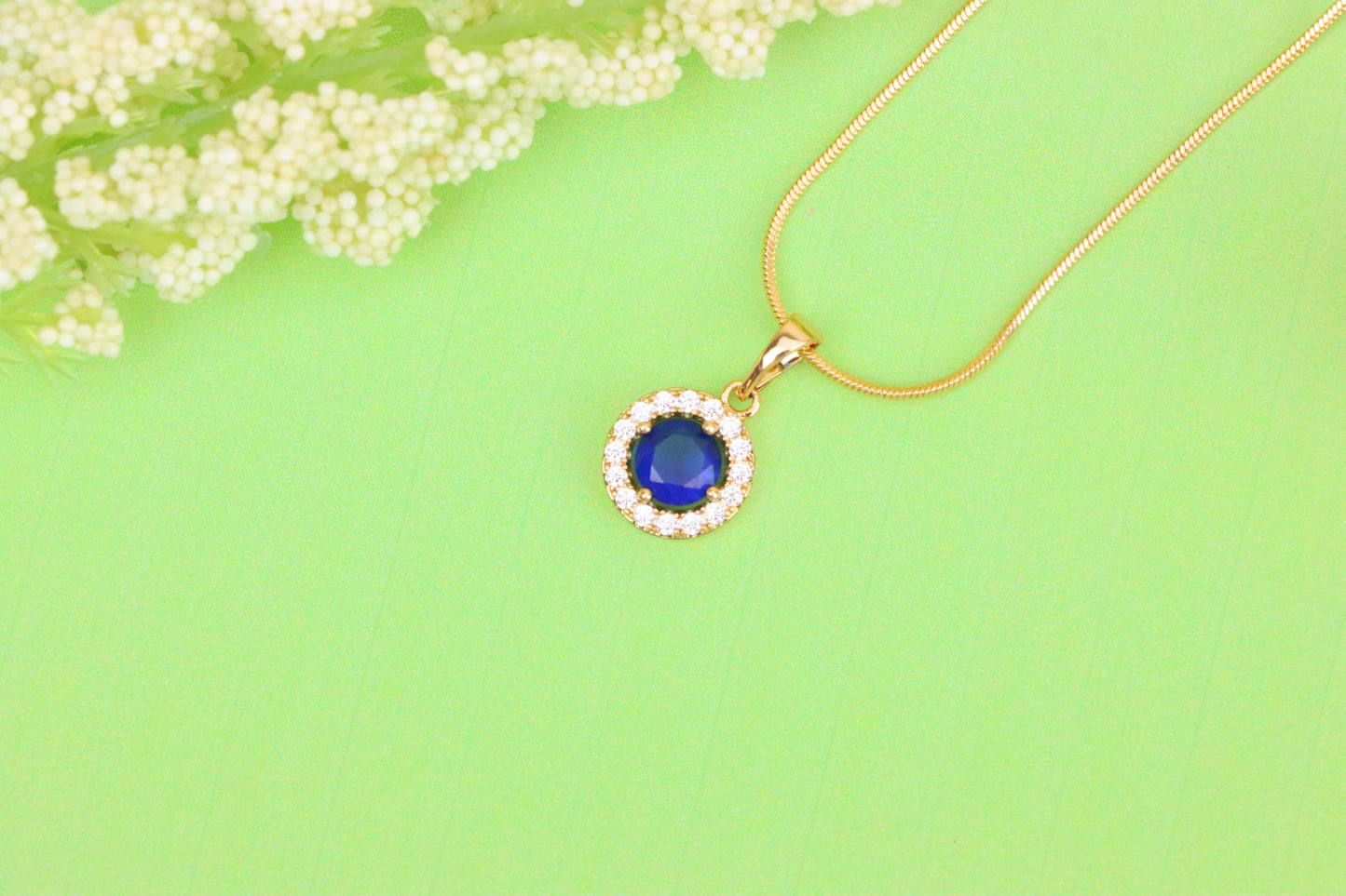 Rose Gold Round Pendant with Blue Center Stone and White Halo, XPPT1873 (2158-6)