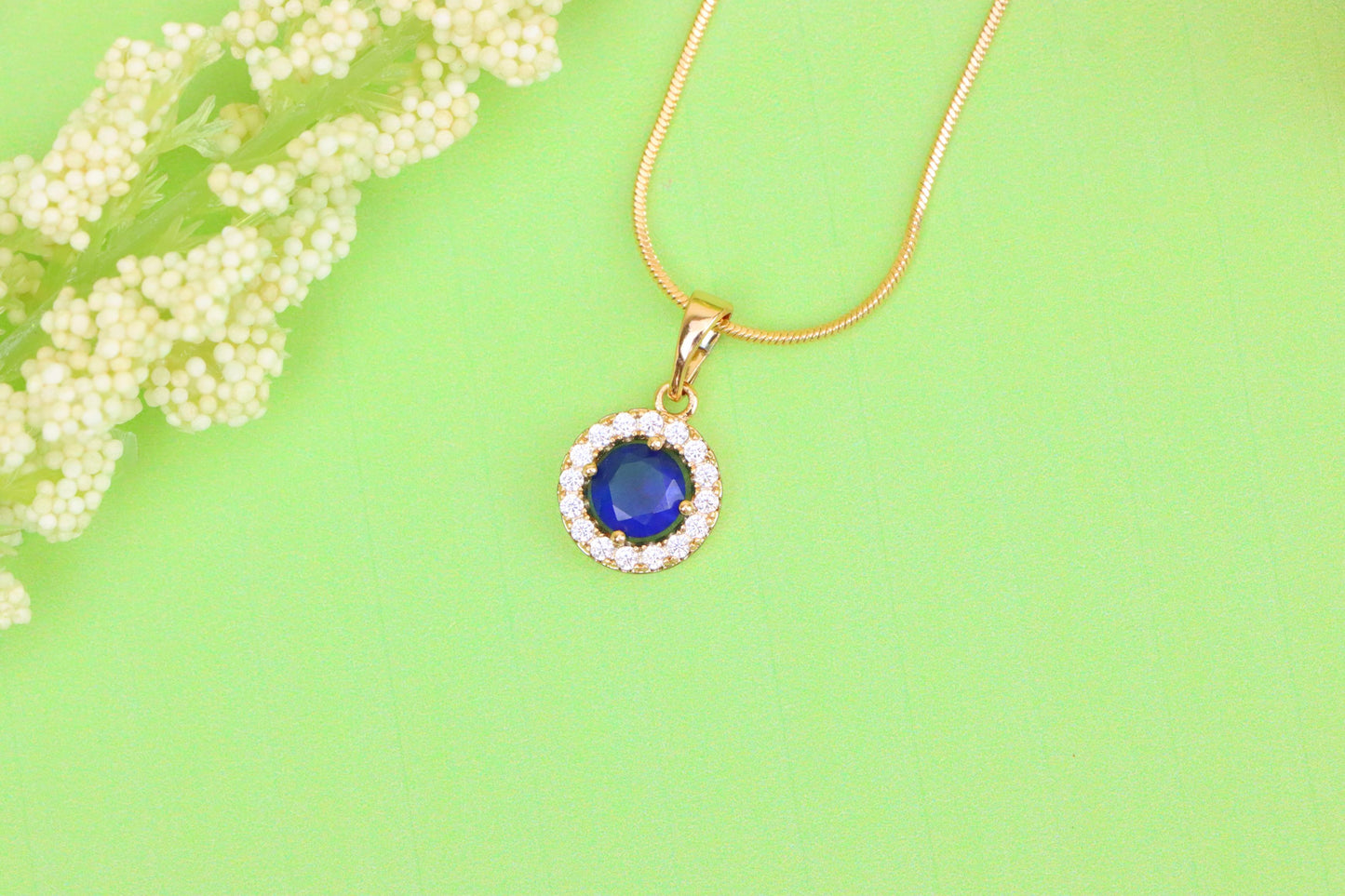 Rose Gold Round Pendant with Blue Center Stone and White Halo, XPPT1873 (2158-6)