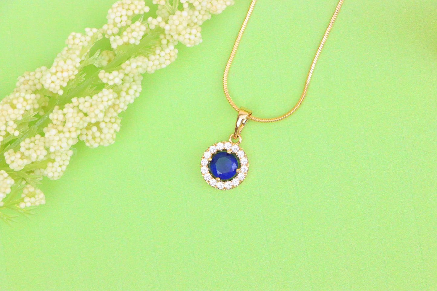 Rose Gold Round Pendant with Blue Center Stone and White Halo, XPPT1873 (2158-6)