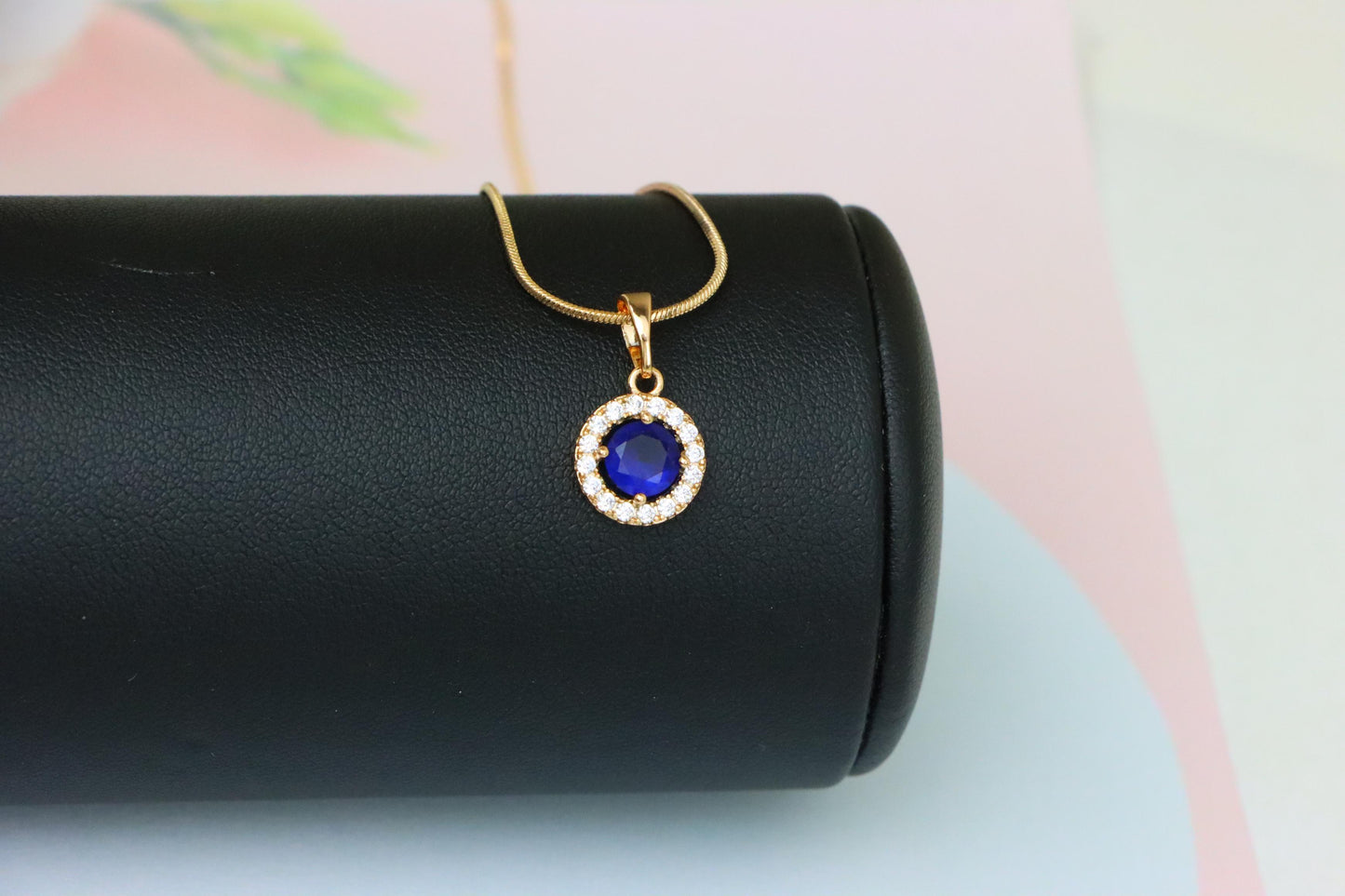 Rose Gold Round Pendant with Blue Center Stone and White Halo, XPPT1873 (2158-6)