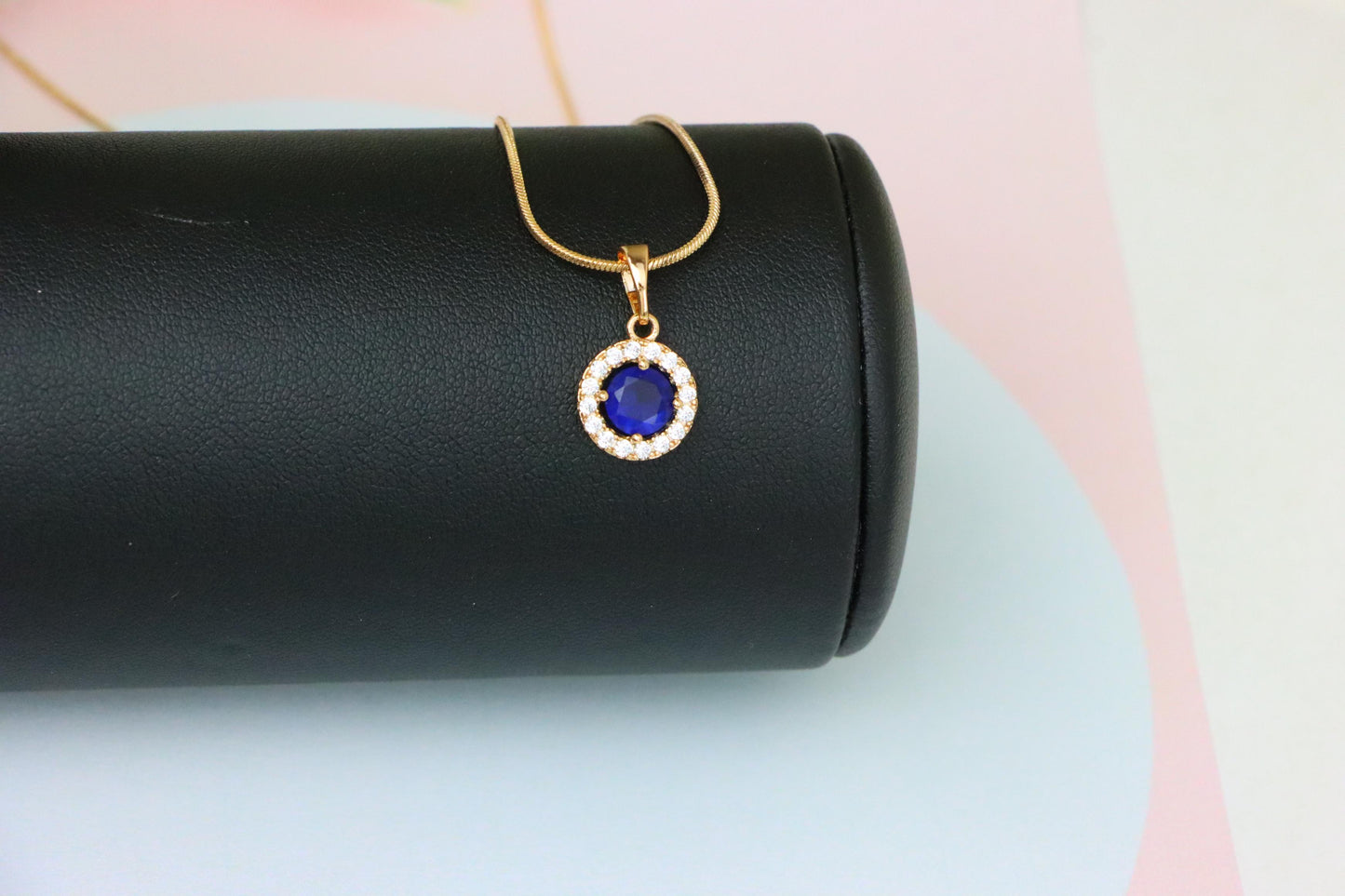 Rose Gold Round Pendant with Blue Center Stone and White Halo, XPPT1873 (2158-6)