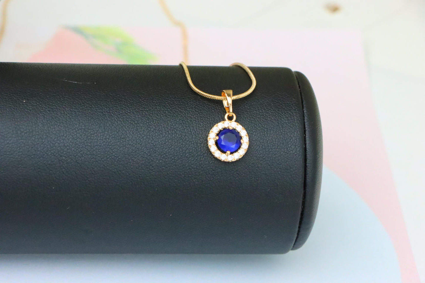 Rose Gold Round Pendant with Blue Center Stone and White Halo, XPPT1873 (2158-6)