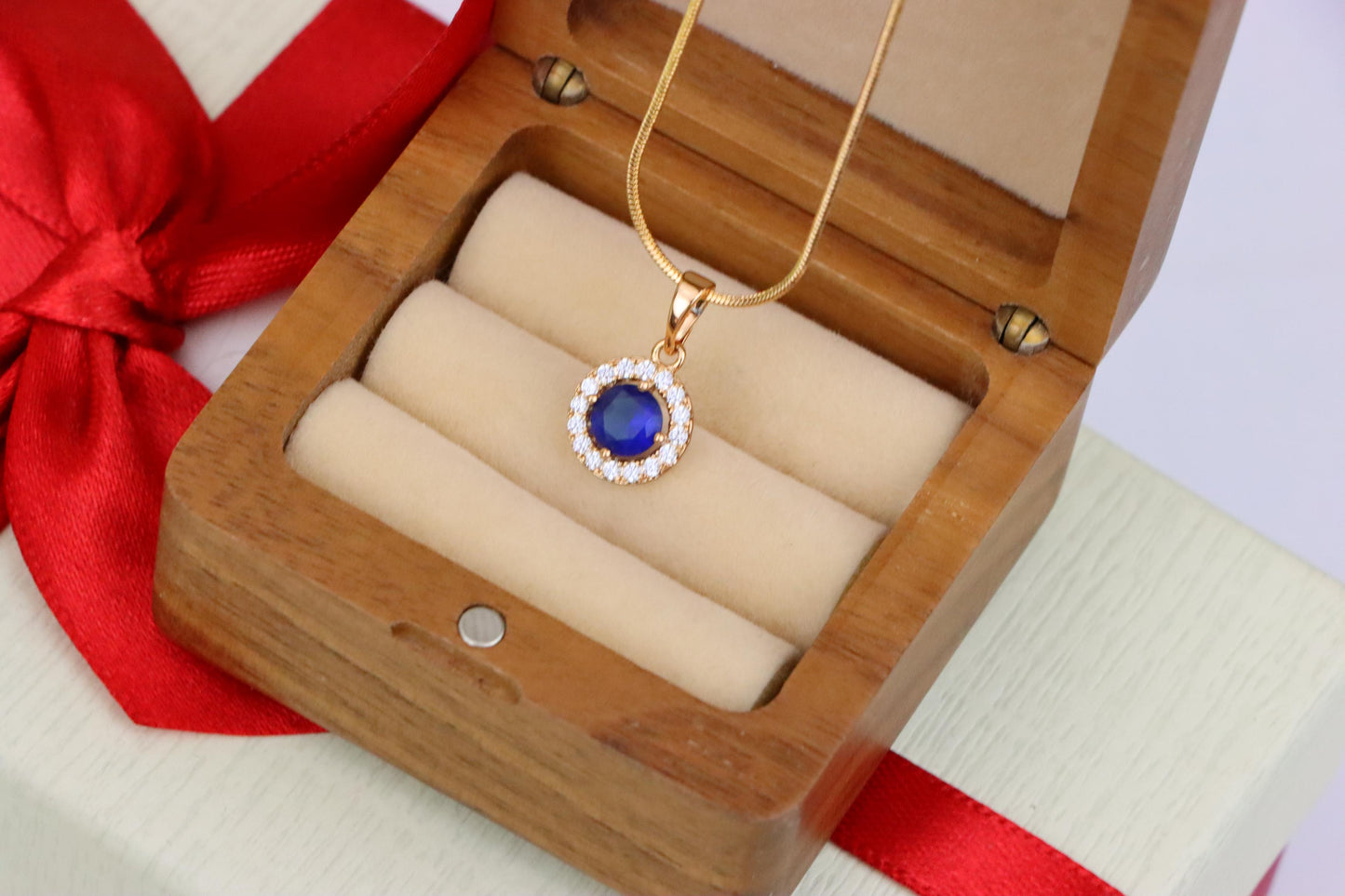 Rose Gold Round Pendant with Blue Center Stone and White Halo, XPPT1873 (2158-6)