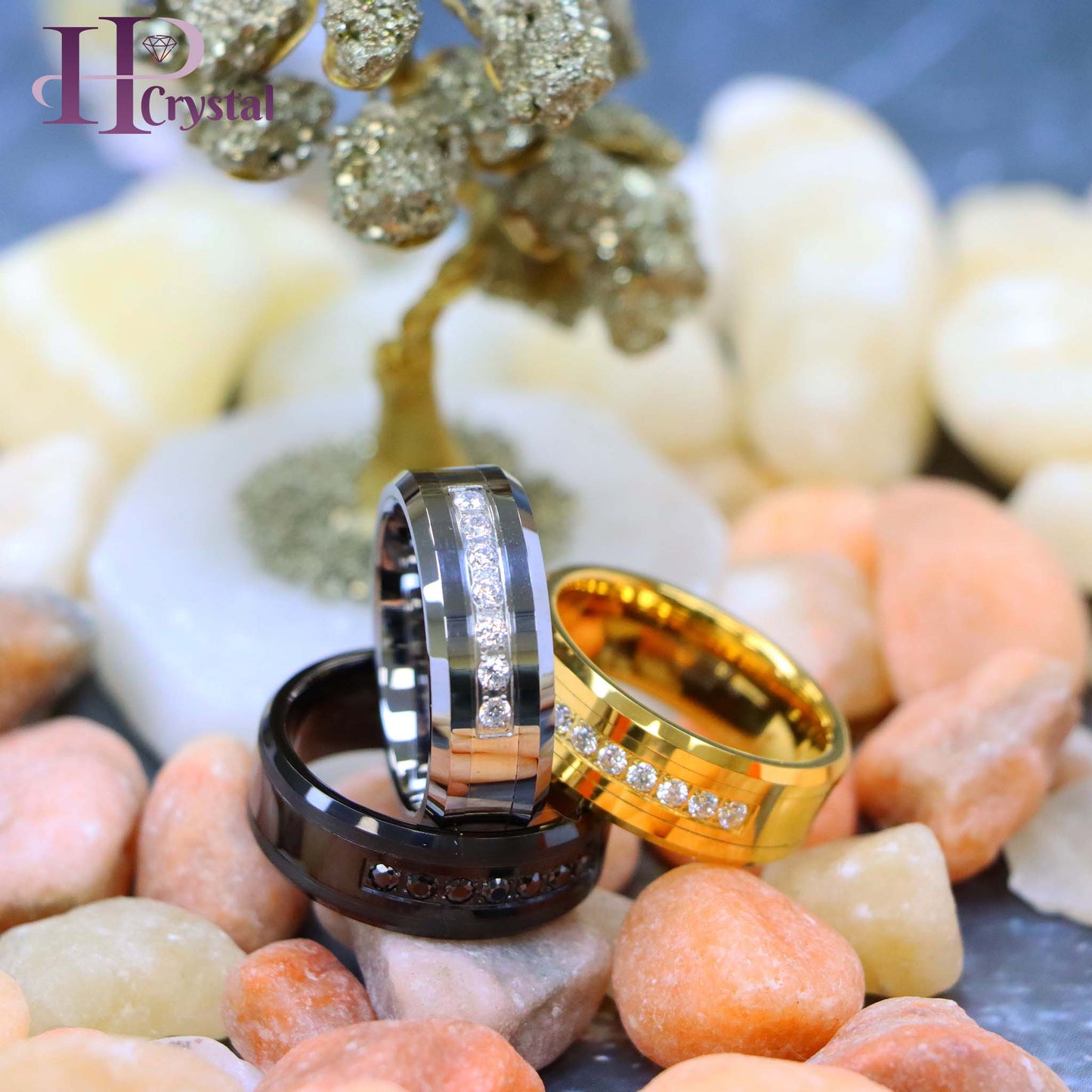 High Polished Beveled Edge Tungsten Ring with 7 Round CZs (MARET772)