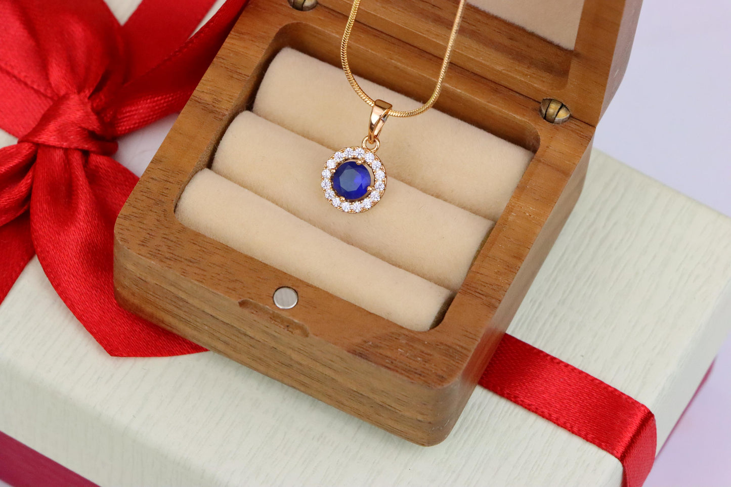 Rose Gold Round Pendant with Blue Center Stone and White Halo, XPPT1873 (2158-6)