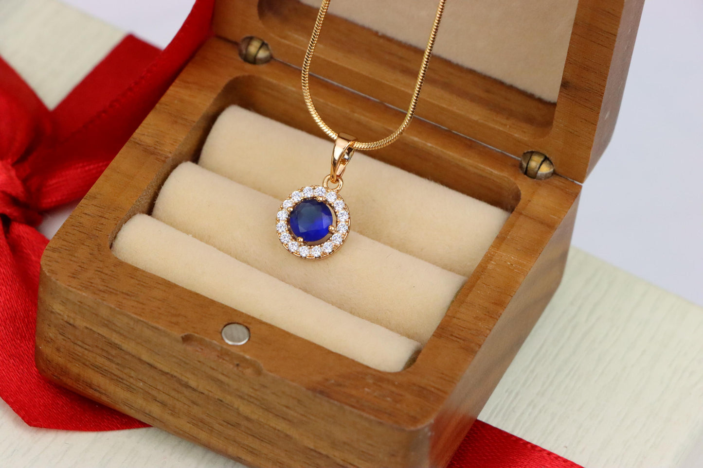 Rose Gold Round Pendant with Blue Center Stone and White Halo, XPPT1873 (2158-6)