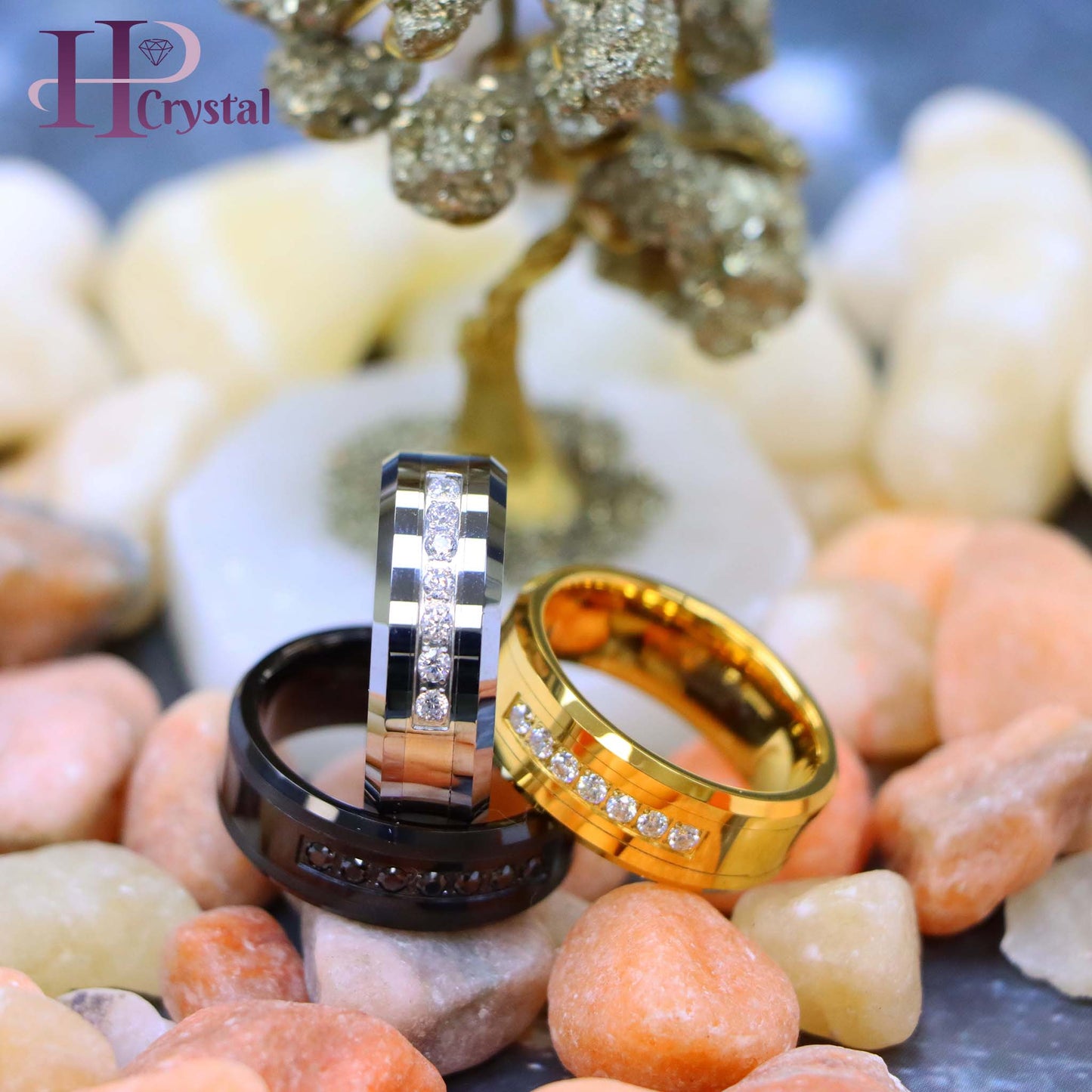 High Polished Beveled Edge Tungsten Ring with 7 Round CZs (MARET772)