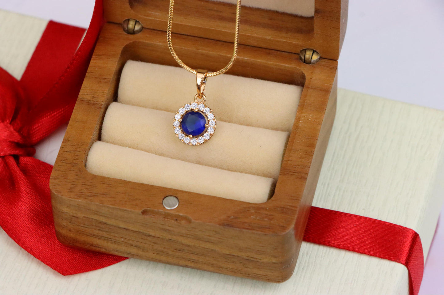 Rose Gold Round Pendant with Blue Center Stone and White Halo, XPPT1873 (2158-6)