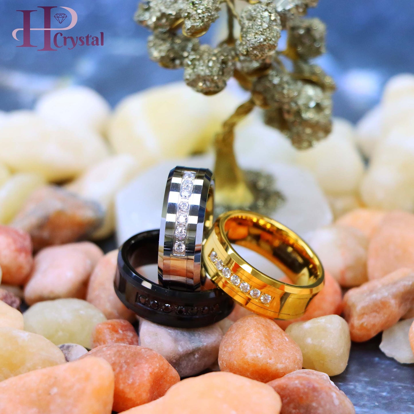 High Polished Beveled Edge Tungsten Ring with 7 Round CZs (MARET772)