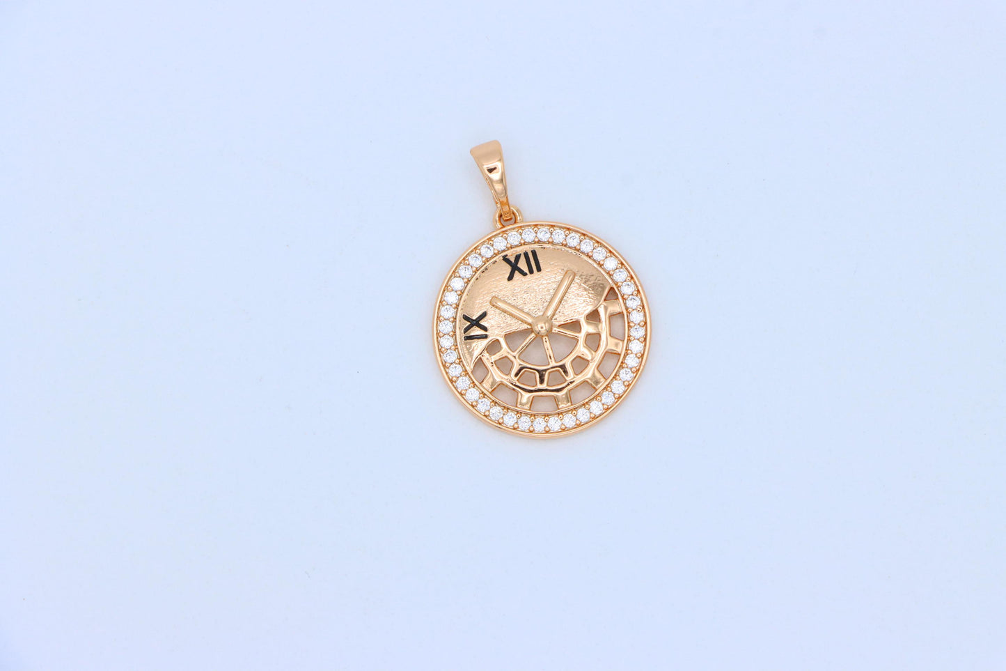 Rose Gold Clock Face Pendant with Roman Numerals and Iced Border, XPPT1406 (2135-5)